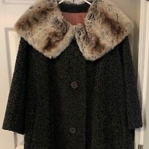 Vintage Astrakin by Lepshire Charcoal Gray Wool Swing Coat Fur Collar XL